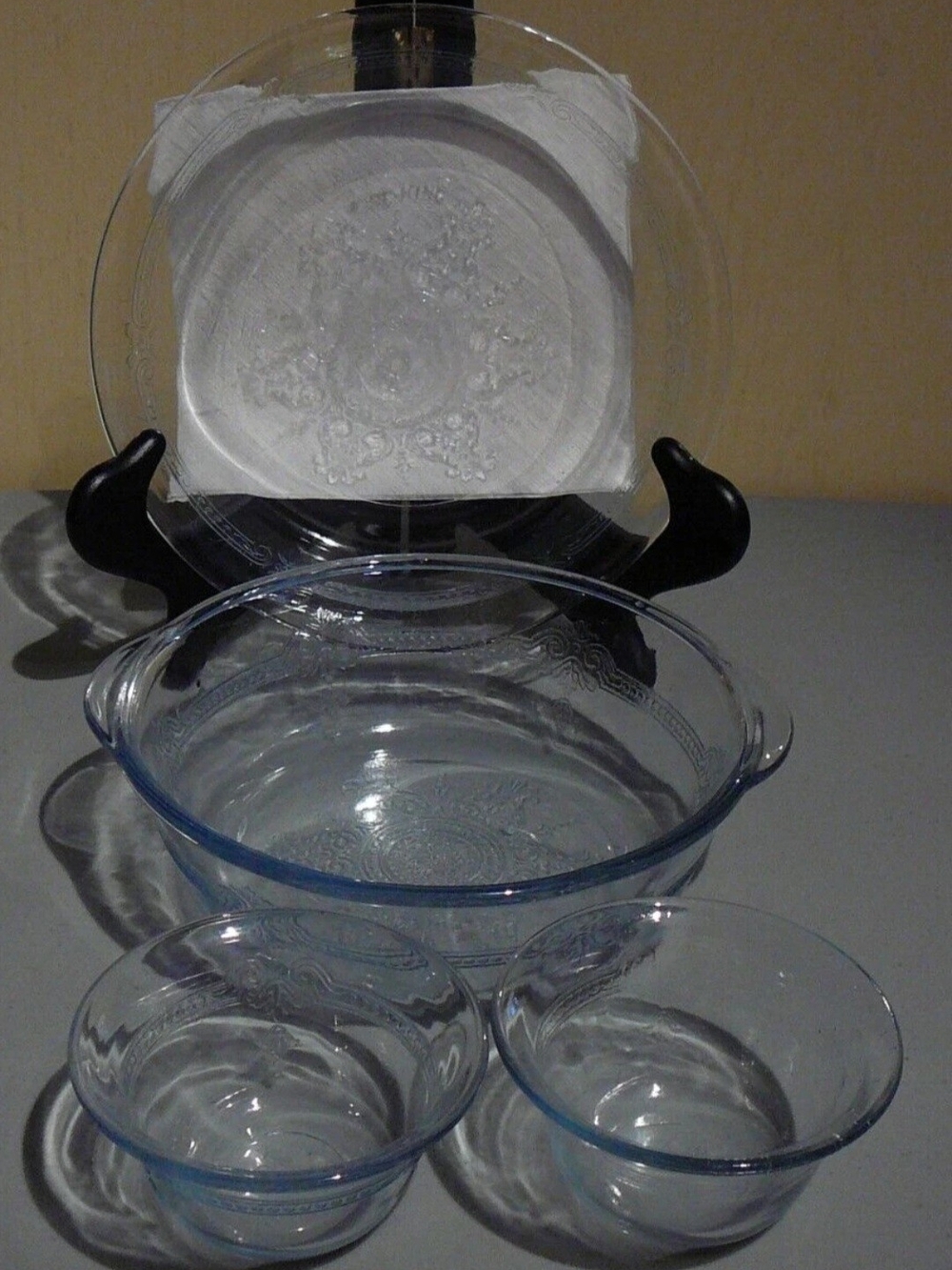 4 piece Fire King Blue Philbe Glass Cookware Pie Plate, Casserole,Custard Cups